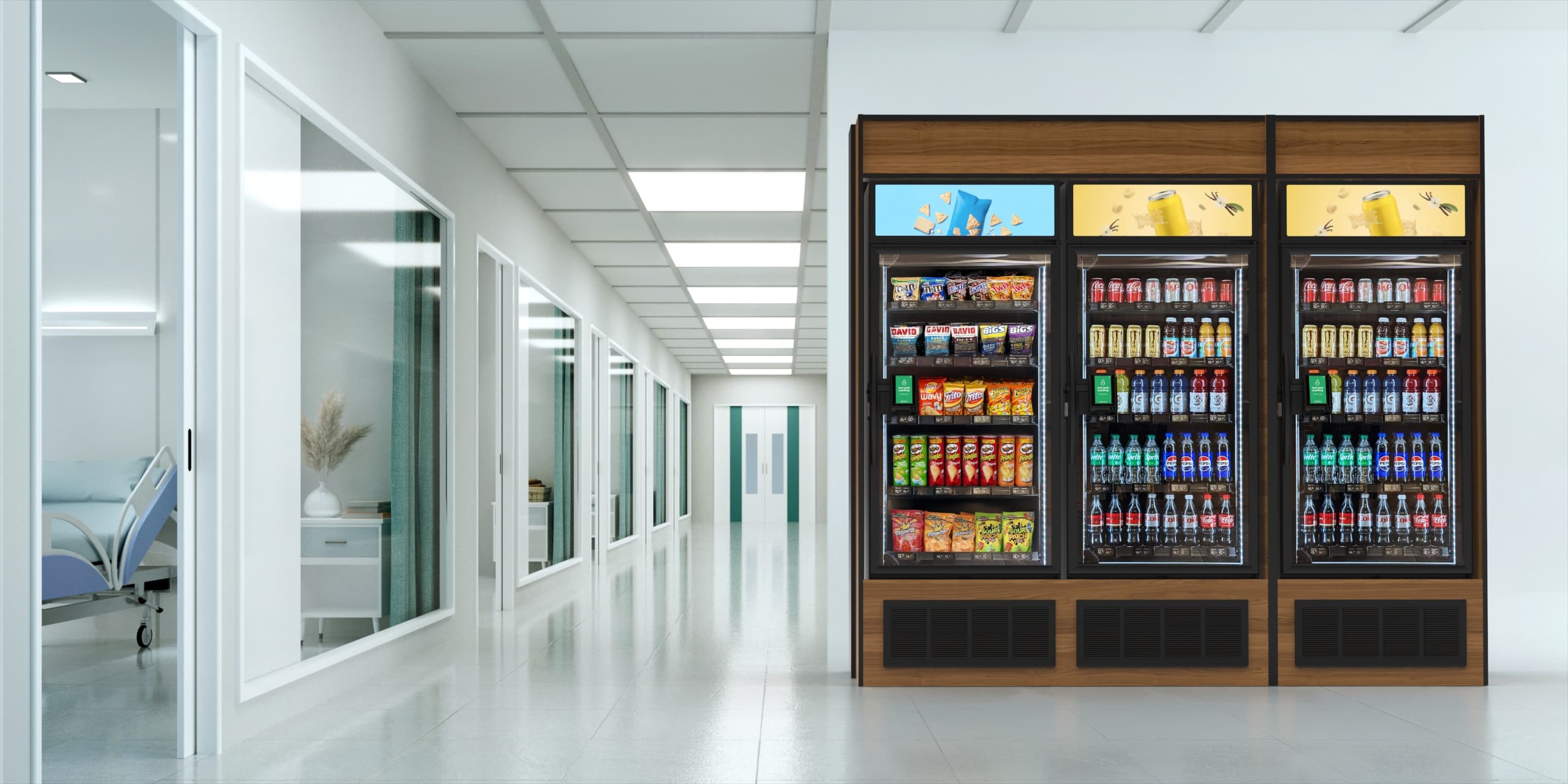 Three VendiCo smart vending machines in a hospital corridor micro-market
