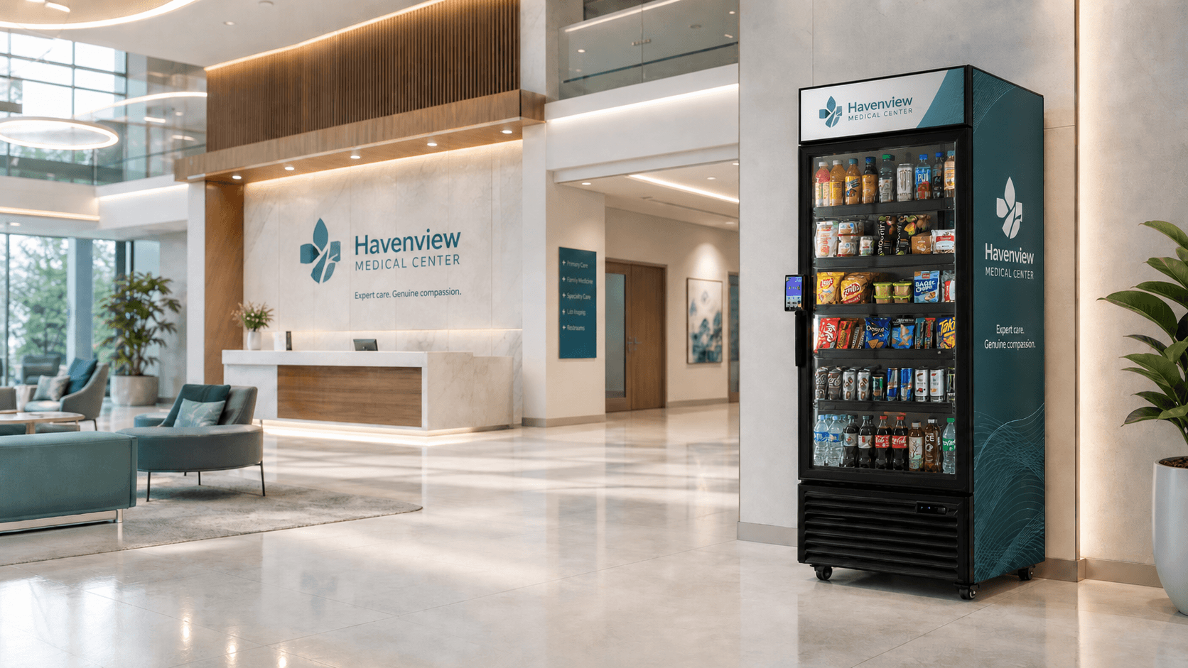 Custom-wrapped VendiCo vending machine in a Manhattan medical center lobby
