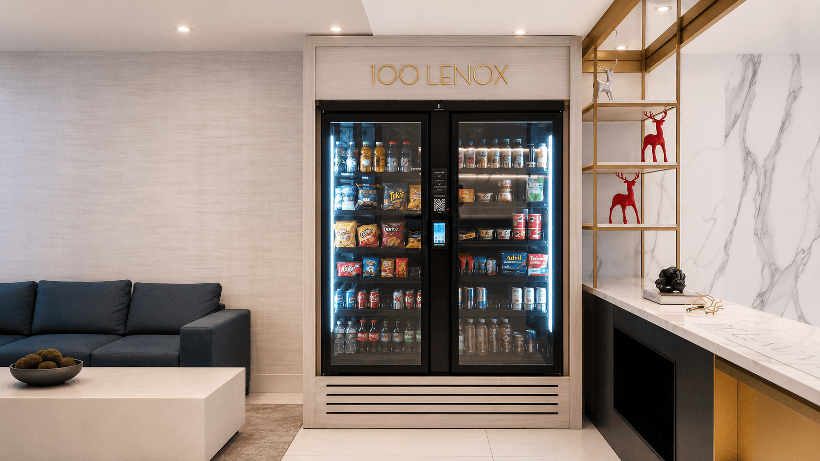 VendiCo double vending machine built into a custom wood surround in a residential amenity lounge